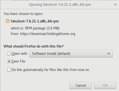 A screenshot of the download pop-up window for FAHClient.
