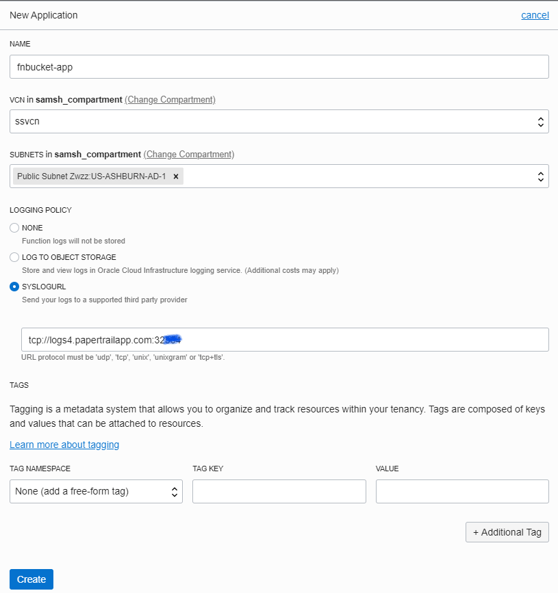 Screenshot that shows the New Application dialog box with name, network, and logging values specified.