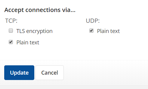 Screenshot that shows the Accept connections via area of the Log Destinations page, with Plain text as the selected values.