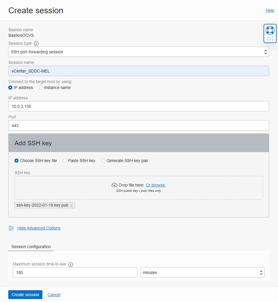 A screenshot of the Create Session pages, showing an example for creating an SSH port forwarding session for vCenter.