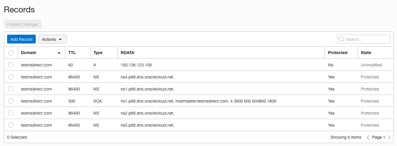 A screenshot that shows the six records in the zone.