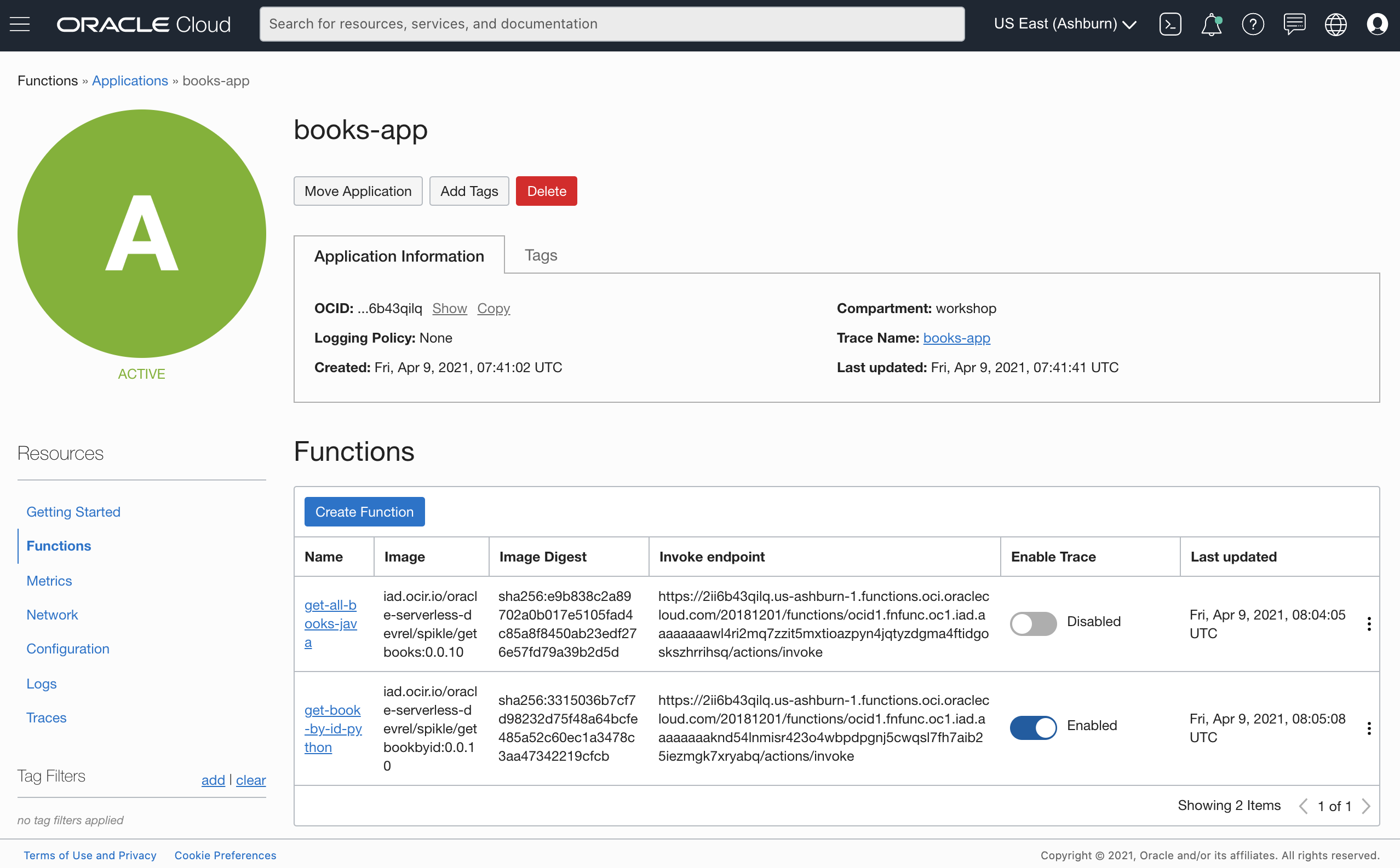 A screenshot showing the endpoint, images, and image digests for the traces on the previous screenshot.