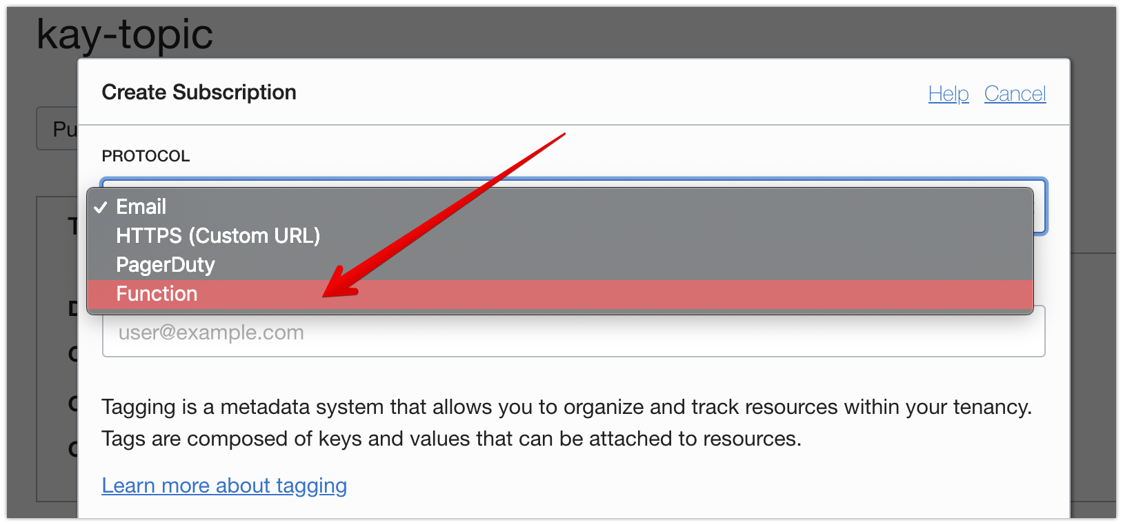 Screenshot that shows the Create Subscription dialog box with Function selected as the protocol.
