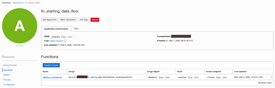 A screenshot that shows the application information for a function starting a data flow.