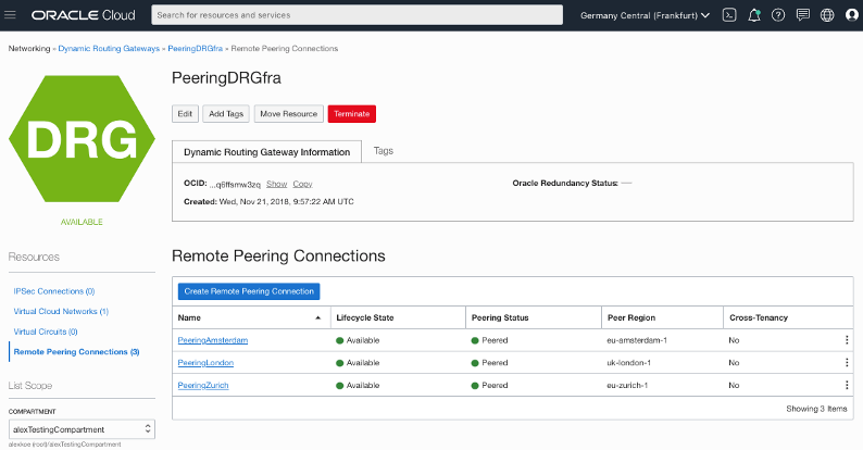 A screenshot of the Remote Peering Connections page for PeeringDRGfra in Oracle Cloud Infrastructure.
