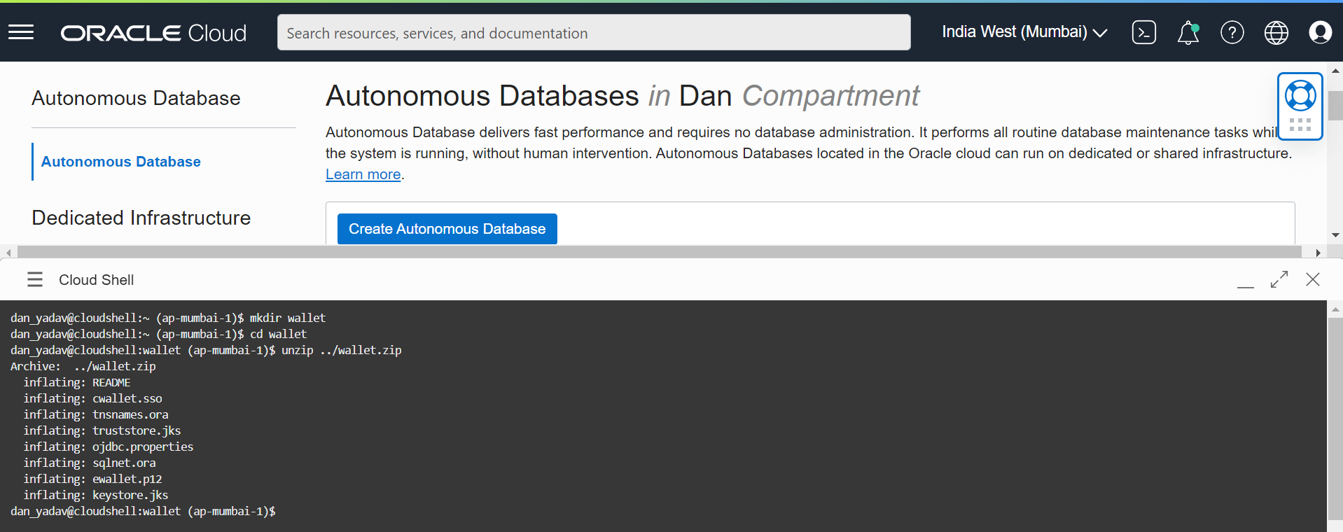 A screenshot of the commands to unzip the wallet in Cloud Shell.