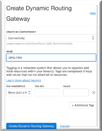 Screenshot that shows the Create Dynamic Routing Gateway dialog box.