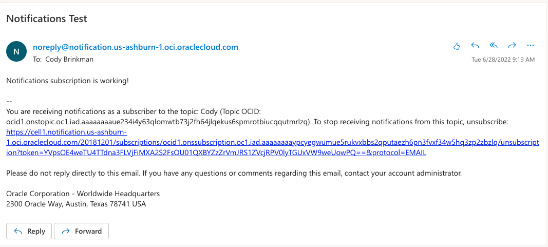 A screenshot of the Notifications Test example email.