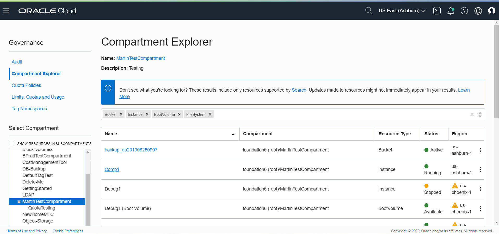 Screenshot that shows the Compartment Explorer UI.