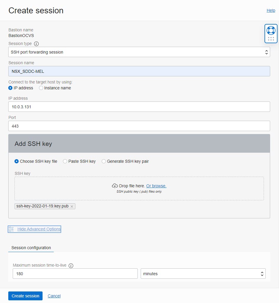 A screenshot of the Create Session screen showing an example of how to create an SSH port forwarding session for NSX Manager.