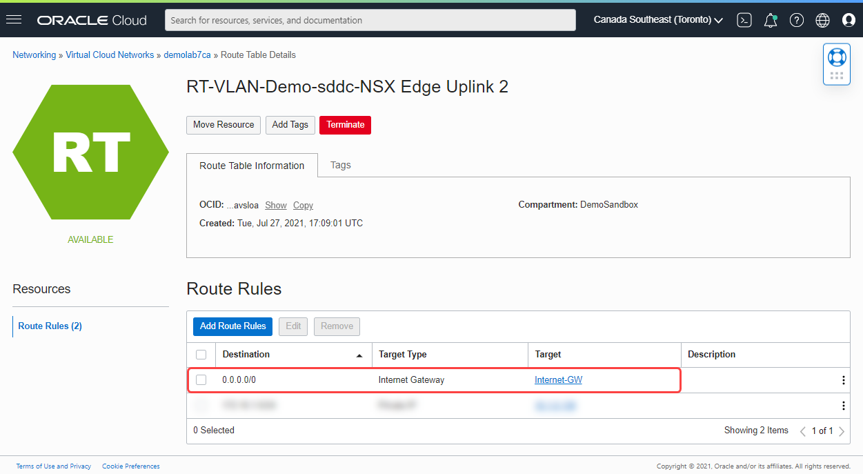 Uplink 2 VLAN - Internet Gateway Route Rule