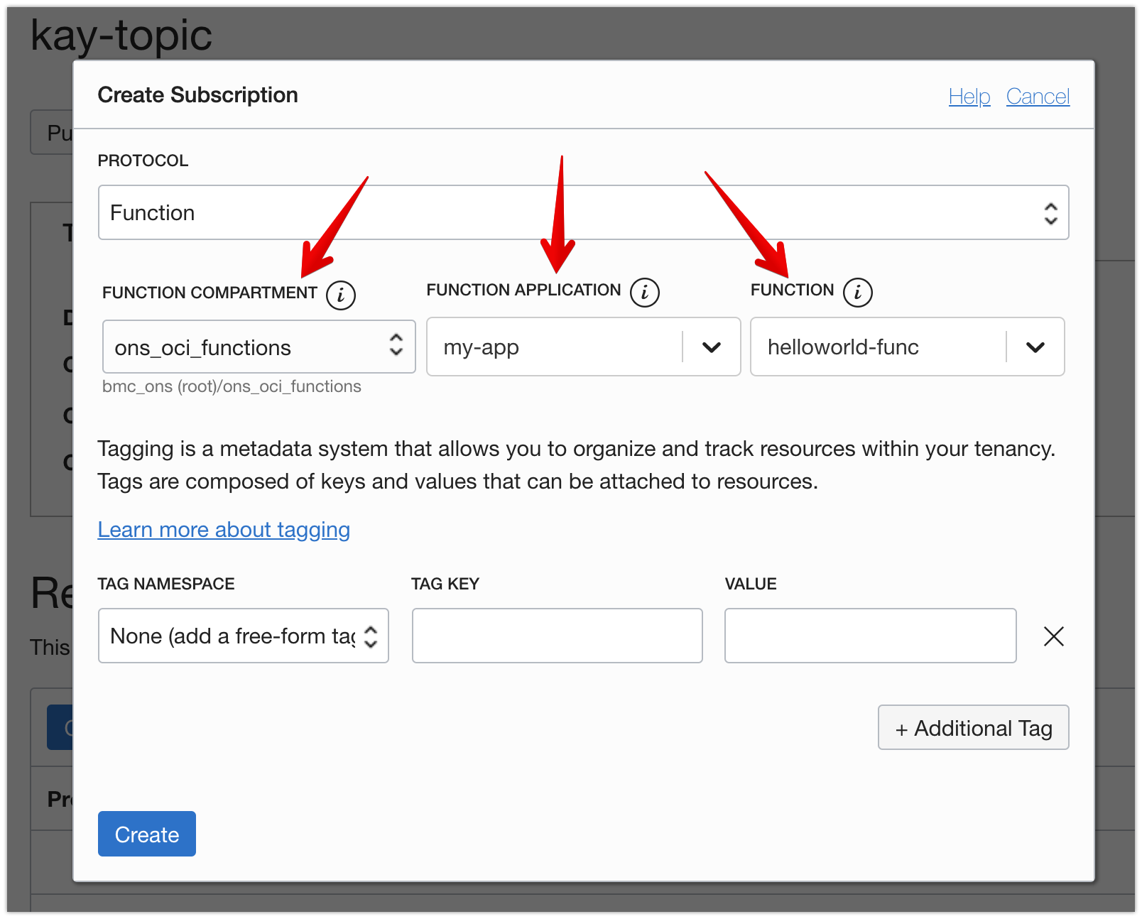 Screenshot that shows the Create Subscription dialog box with values in the function compartment, function application, and function fields.