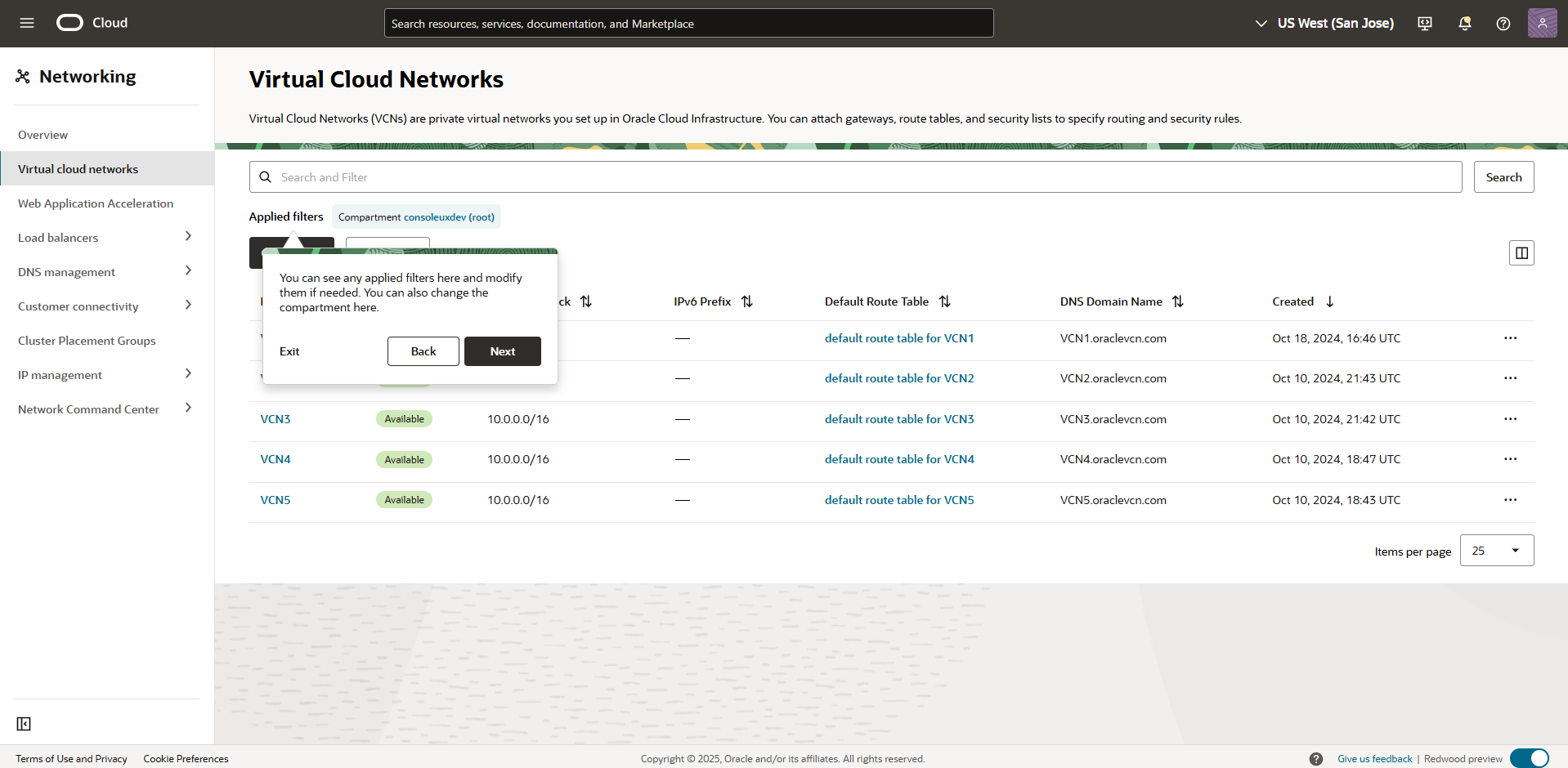 Preview of the new Console experience on the Virtual Cloud Networks list page.
