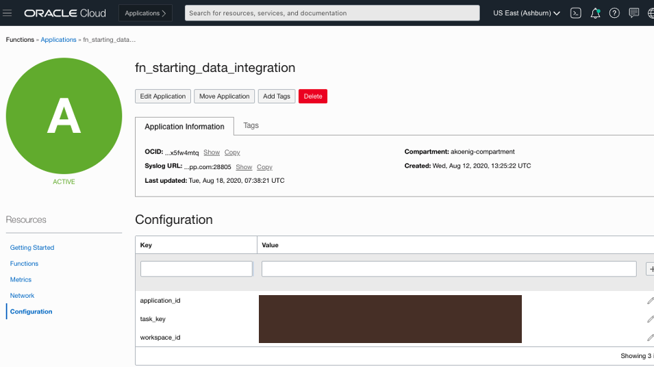 A screenshot of the configuration of variables in Oracle Functions.