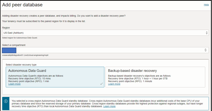 Below is a screenshot of the example Autonomous Database information with the local and cross region information outlined in red.