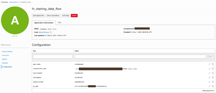 A screenshot that shows the configuration of a function starting a data flow.