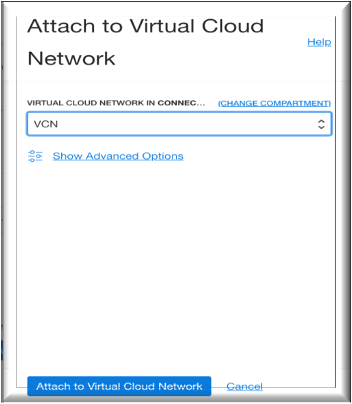Screenshot that shows the Attach to Virtual Cloud Network dialog box.