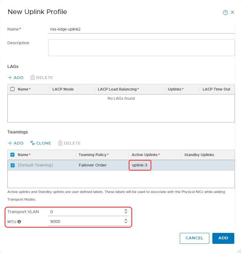 Create new Uplink Profile for Uplink2