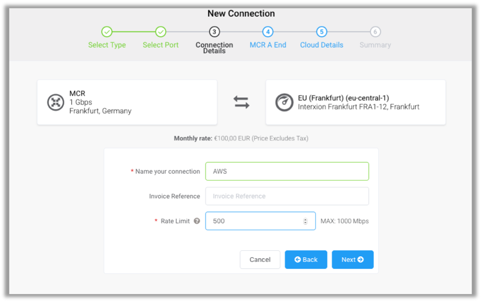Connection Details page showing the connection name and a rate limit of 500.