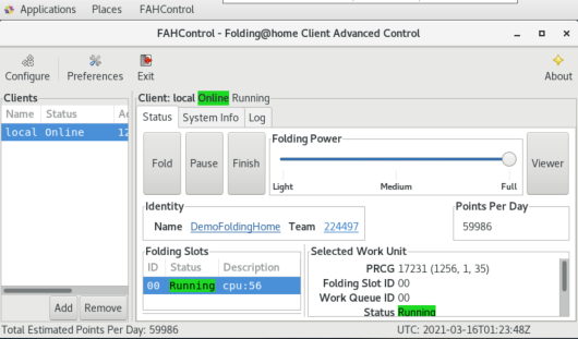 A screenshot of the FAHControl client advanced control window.