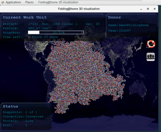 A screenshot of the Folding@Home 3D visualization window.