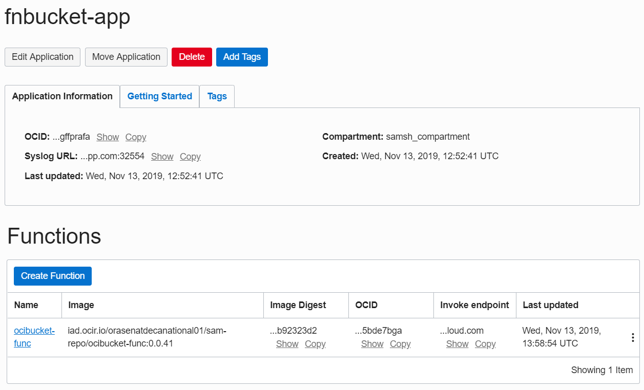 Screenshot of the application details page, with the new function displayed.