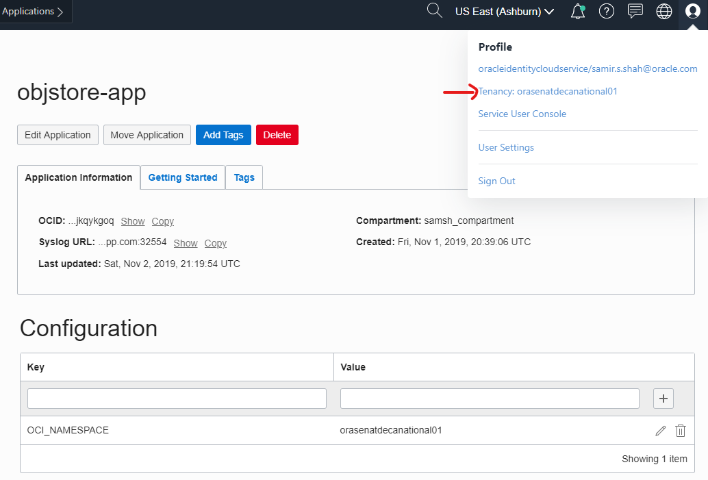 Screenshot that shows the Application Configuration page with a namespace parameter defined.