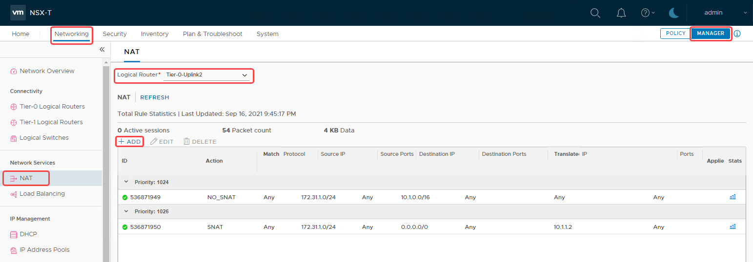 NSX-T NAT Rules for Tier-0 of Uplink 2 VLAN