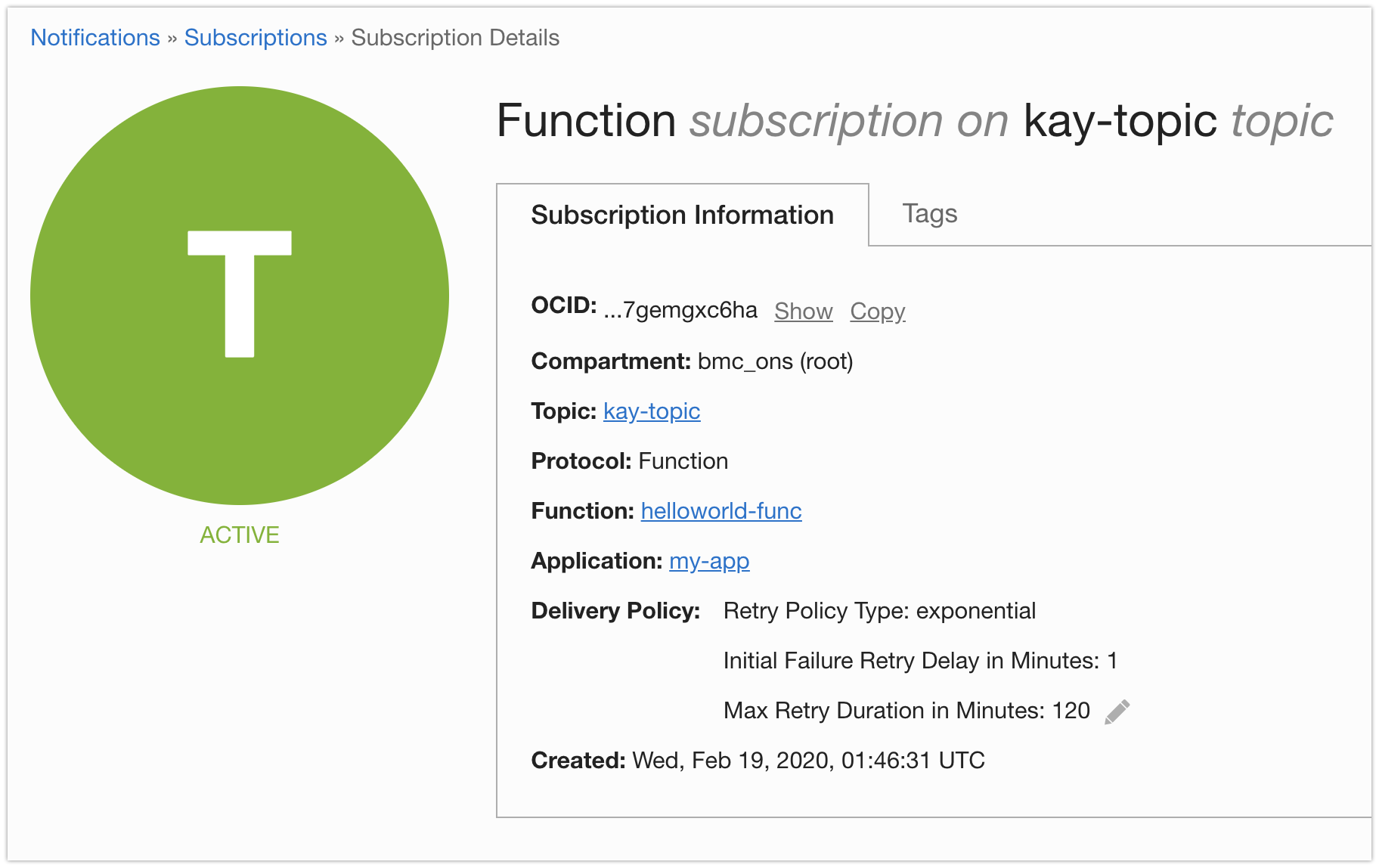 Screenshot that shows the subscription details page on the console.