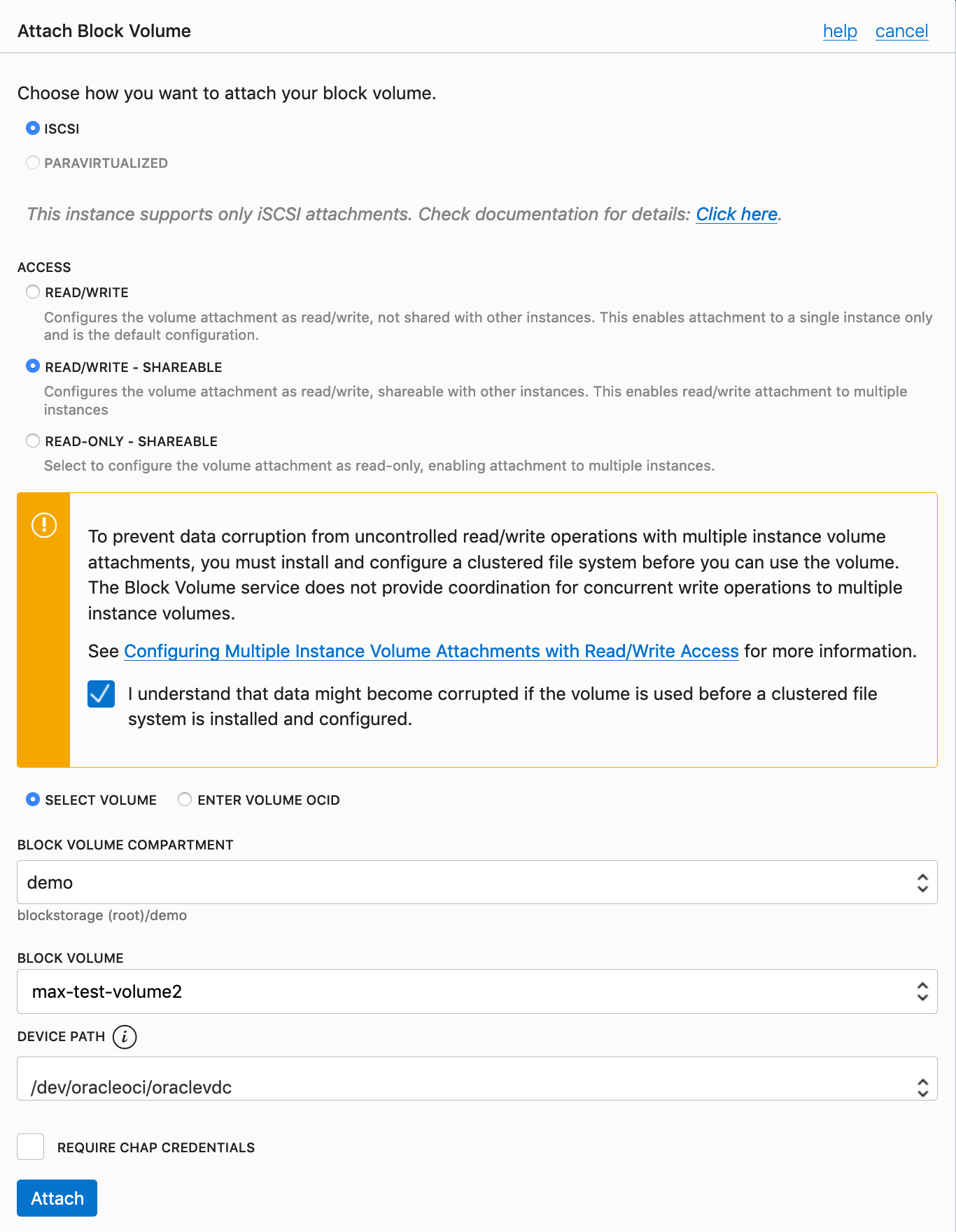 Screenshot that shows the Attach Block Volume page of the Console with the new Read/Write Shareable option selected.