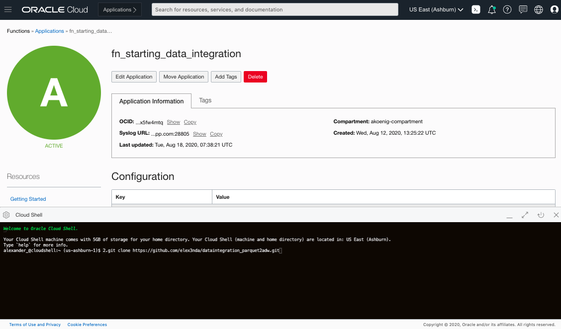 A screenshot of the deployment of Python on Oracle Functions through Cloud Shell.