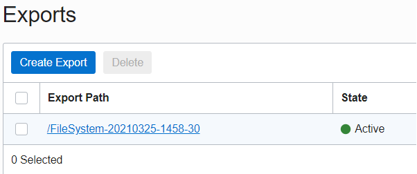 A screenshot of the Exports section of the File System page.