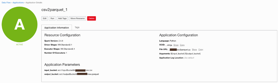 A screenshot that shows the resource configuration for the csv file that has been converted to Parquet.
