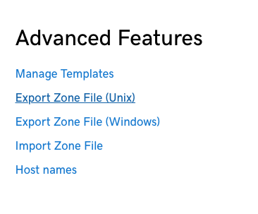 A screenshot of the Advanced Features section with Export Zone File (Unix) highlighted.