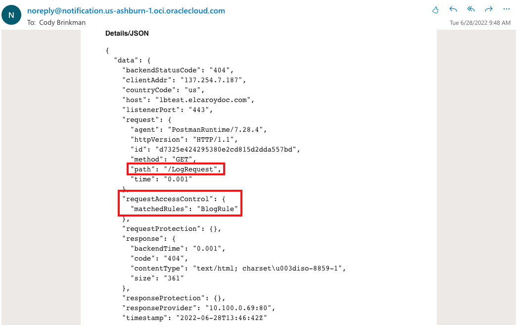 A screenshot of the working log email with the path and matches rules outlined in red.