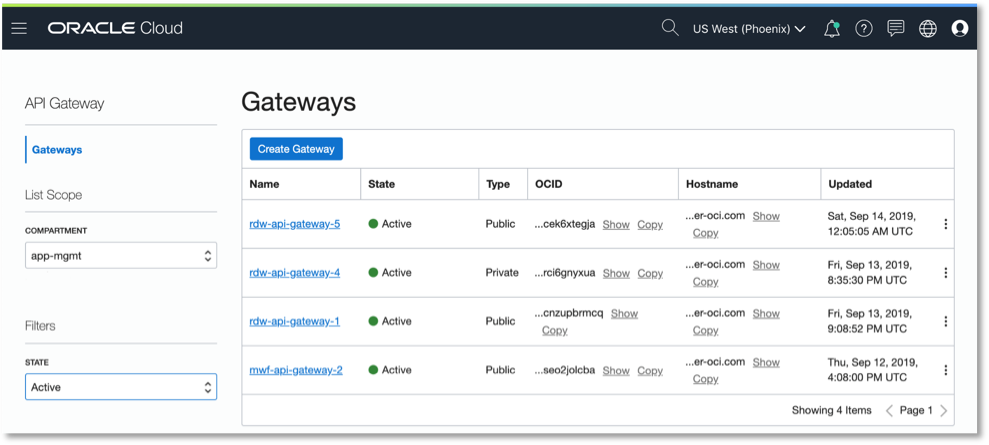Screenshot that shows the API Gateway page in the Oracle Cloud Infrastructure Console.
