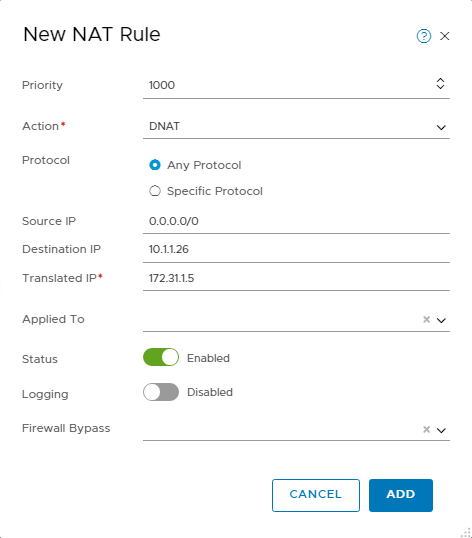 DNAT Rule to map Private IP from VLAN to a VM