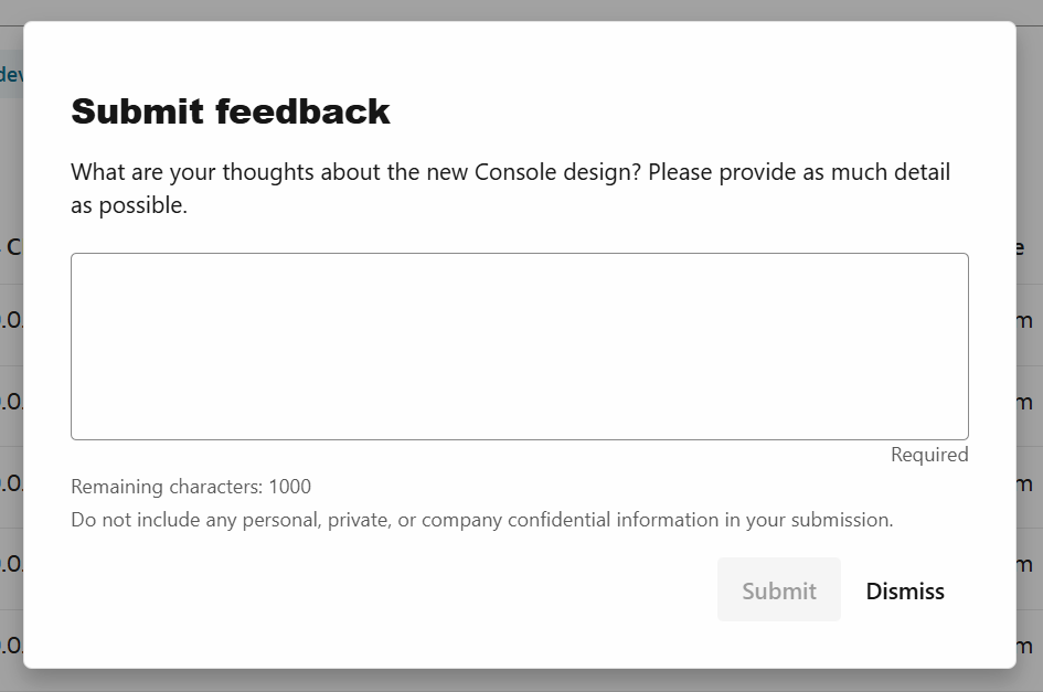 Feedback submission form for feedback about the new Console experience.