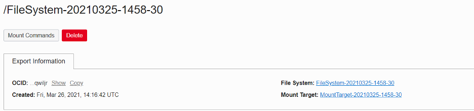 A screenshot of the details of an example file system, showing the export information and Mount Commands button.