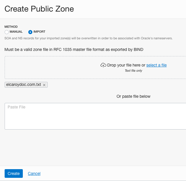 A screenshot of the Create Public Zone window in the Console.