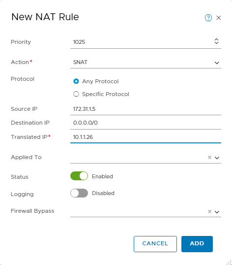 SNAT rule to route traffic from VM to the Internet via NSX Edge VIP