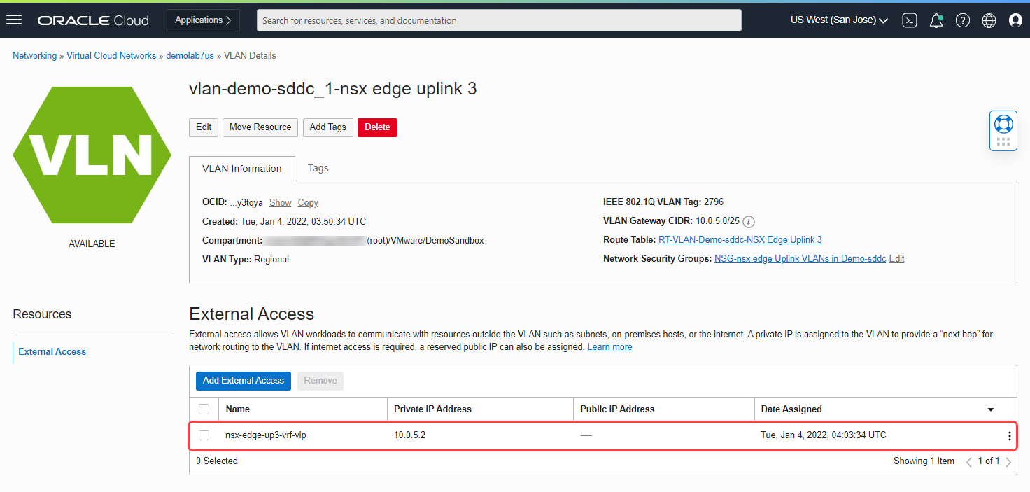 A screenshot of the VLAN Details page with the external access circled in red.