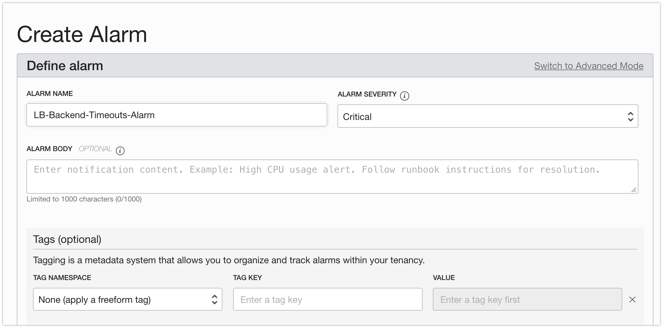 Screenshot that shows the Create Alarm dialog box with the Define alarm area in focus.