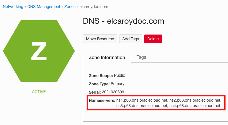 A screenshot of the example DNS zone for elcaroydoc.com in the Console.