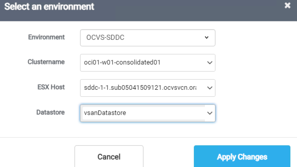A screenshot of the environment selection section with vsanDatastore selected for the datastore.