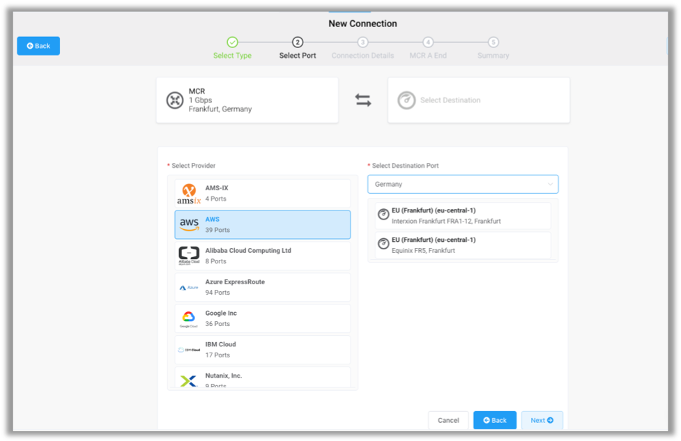 Select Port page showing AWS selected.