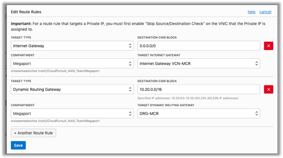 Screenshot of the Edit Route Rules dialog box showing the preceding values.