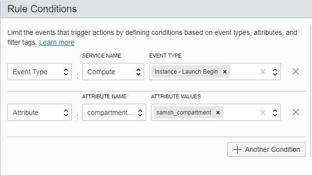 Screenshot of the Rule Conditions section of the Create Rule page, showing the specified values.