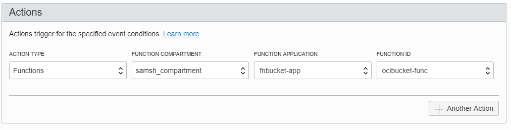 Screenshot of the Actions section of the Create Rule page, showing a function specified.