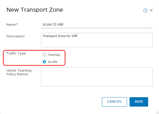 A screenshot of the New Transport Zone section with the traffic type section circled in red.